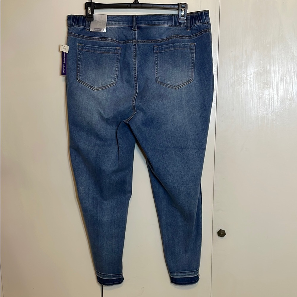 Catherines Blue Straight Leg Jeans with Distressing and Patchwork - Picture 2 of 10
